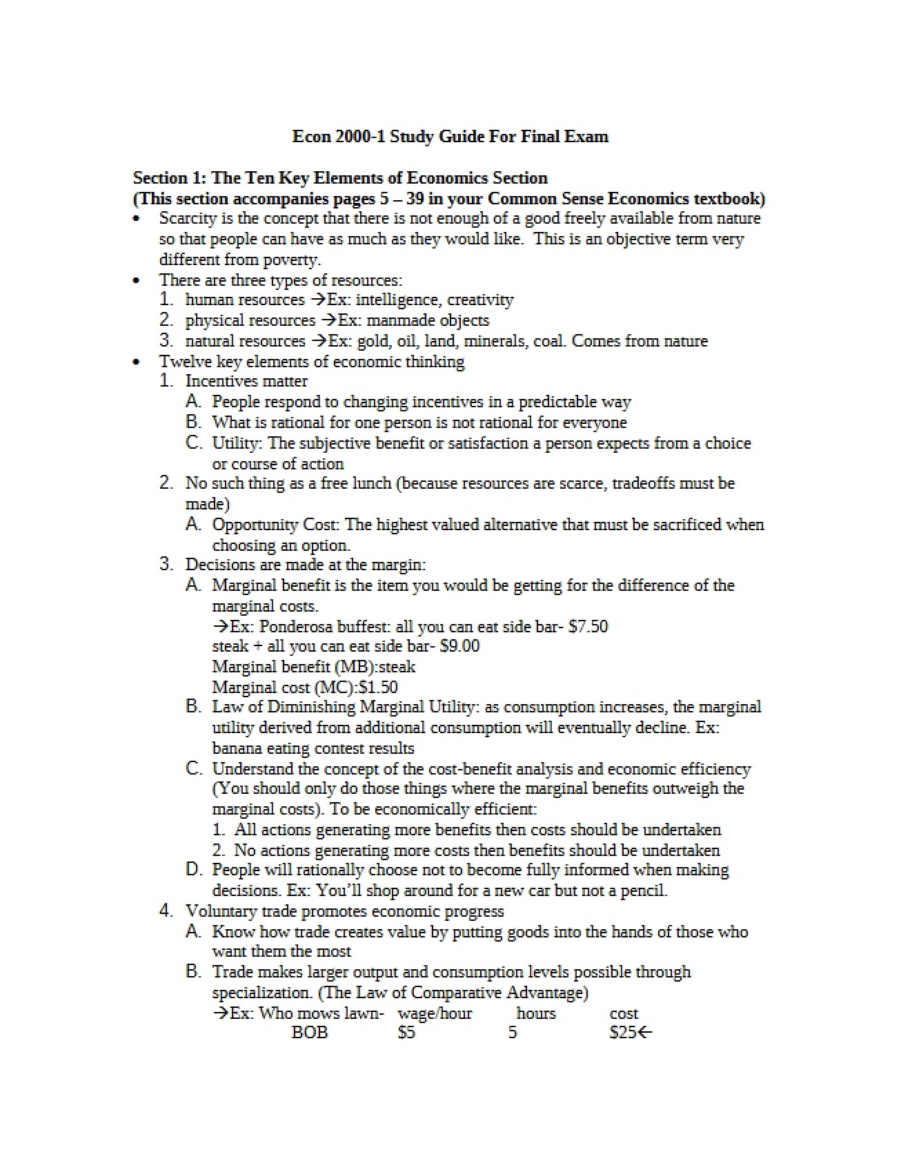 Study Guide with Answers for the Economics Final Exam