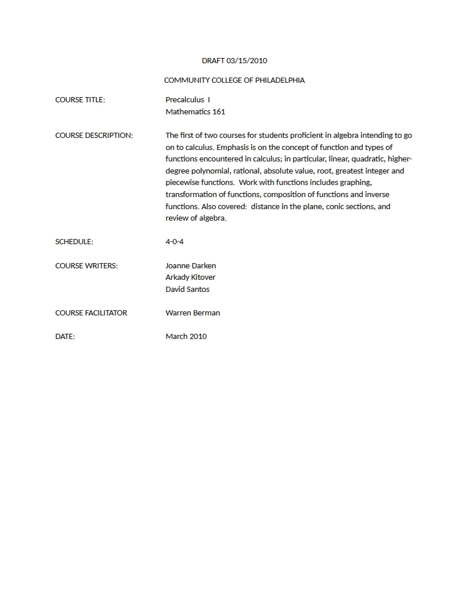 Course Description for Math 161