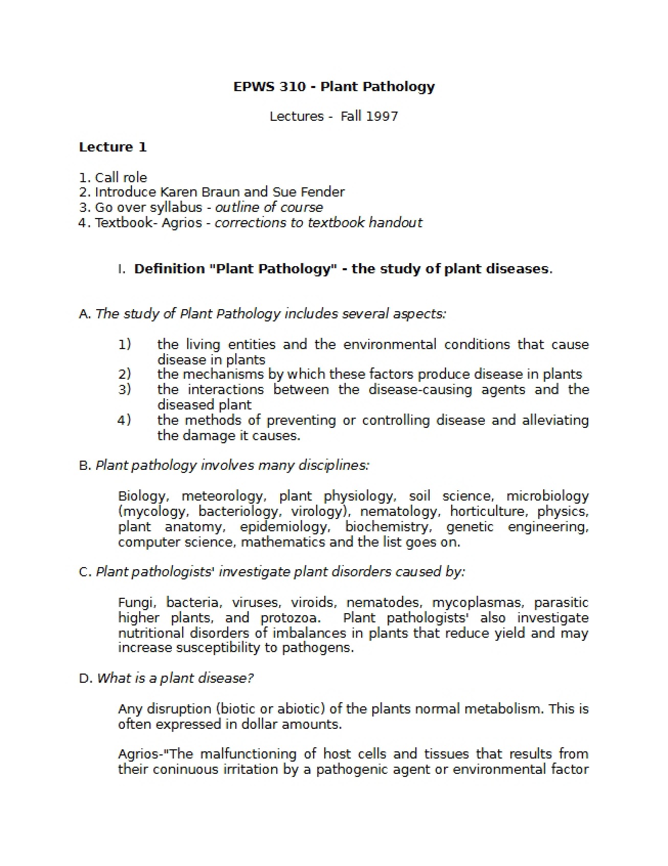 Syllabus for a Course in Plant Pathology