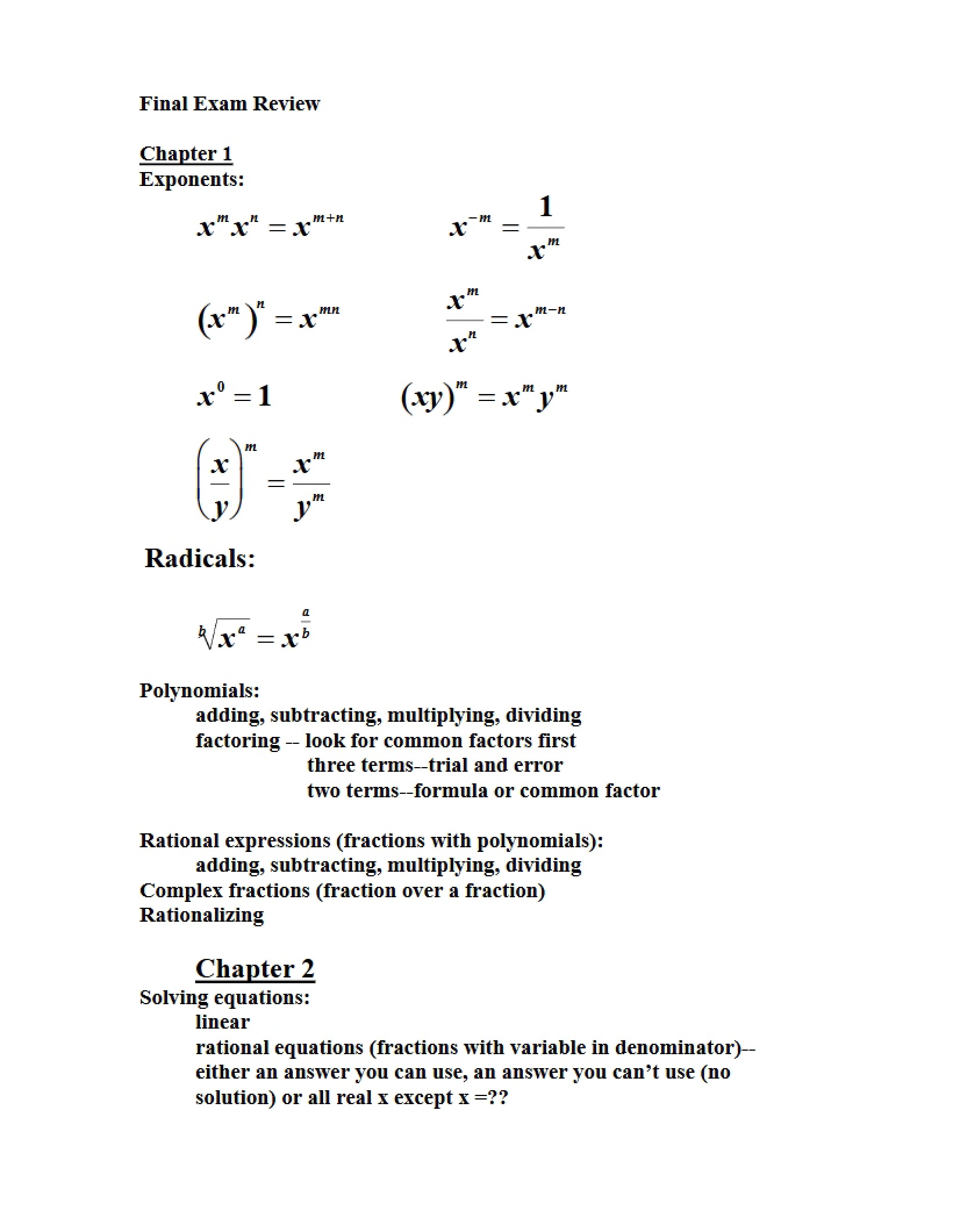 Review for Final Examination