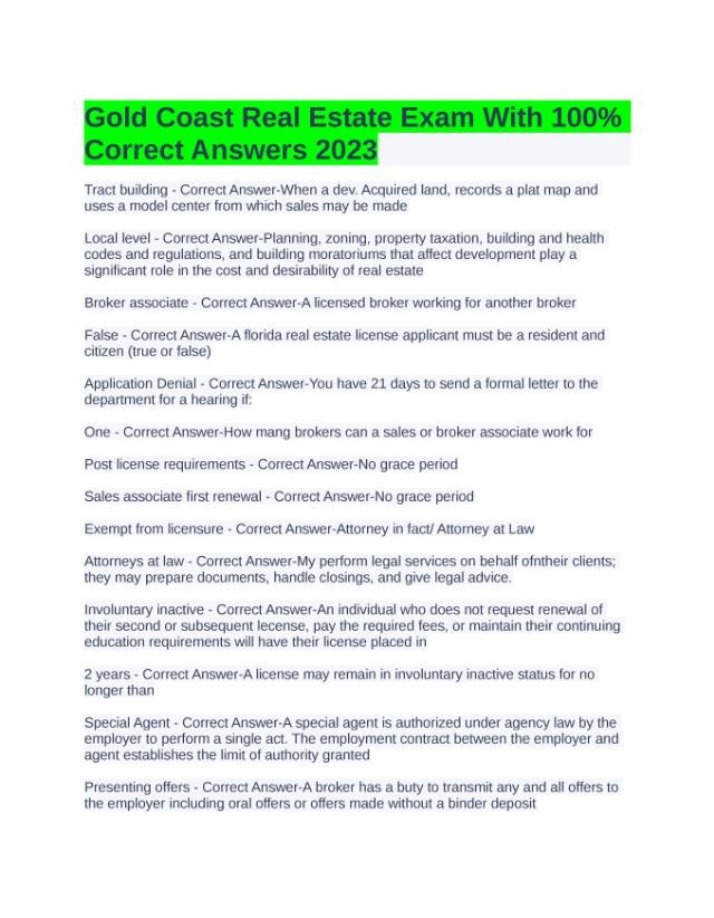 2023 Gold Coast Real Estate Exam with 100% Correct Answers