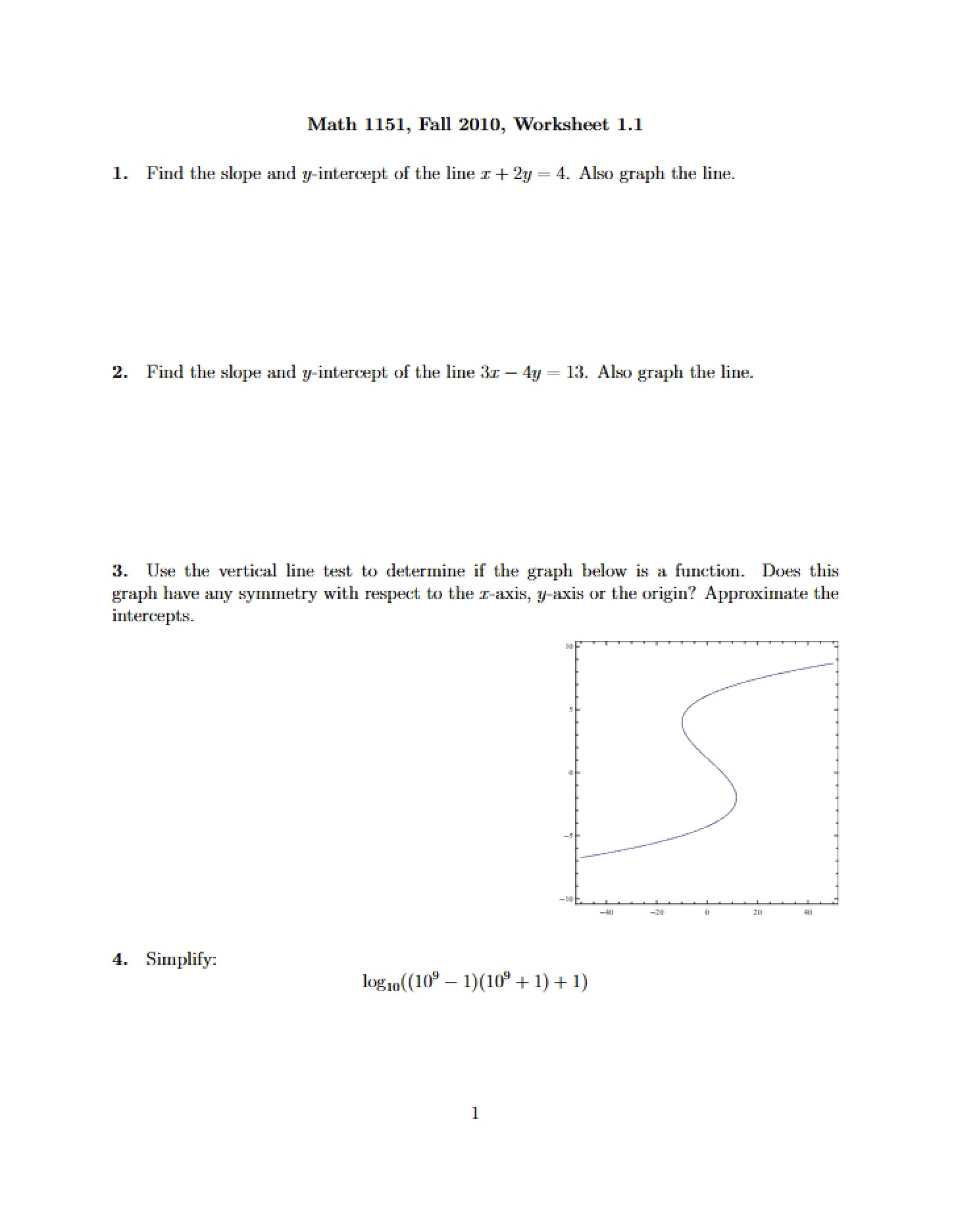First Worksheet for Math 1151