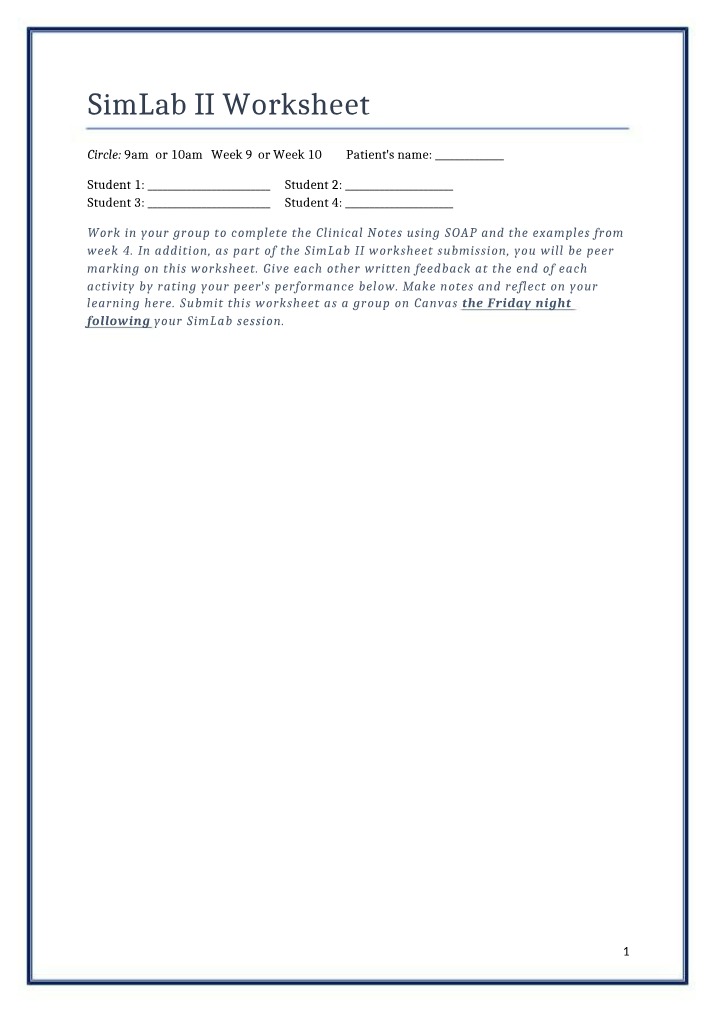 Worksheet for SimLab II