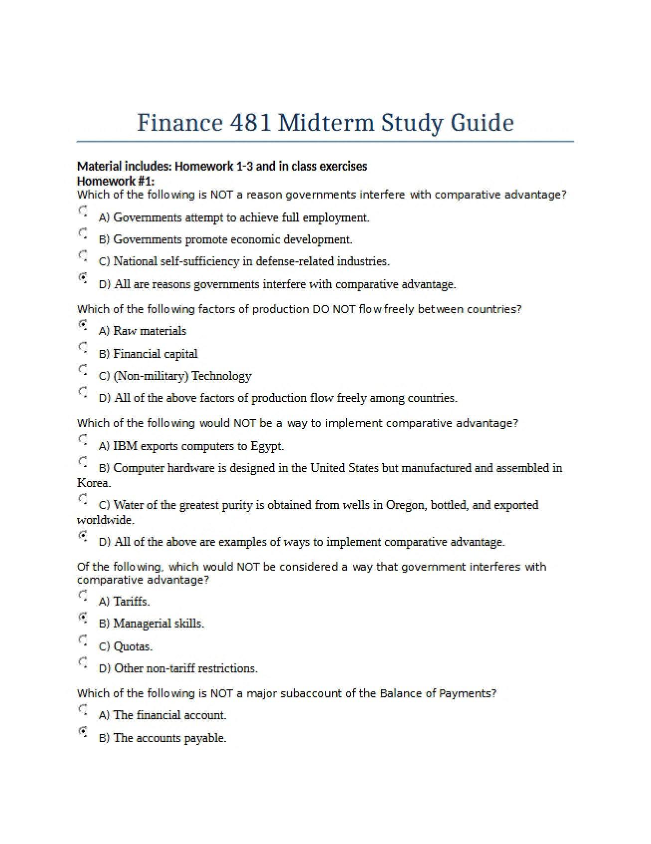 Finance 481 Midterm Study Guide