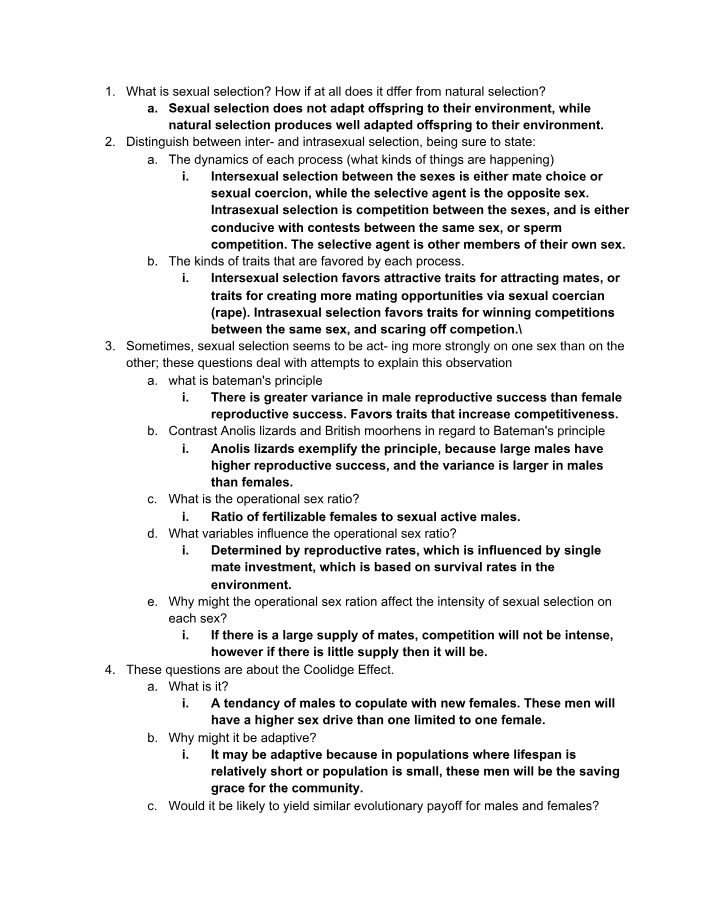 Sexual Selection and Its Impact - Questions