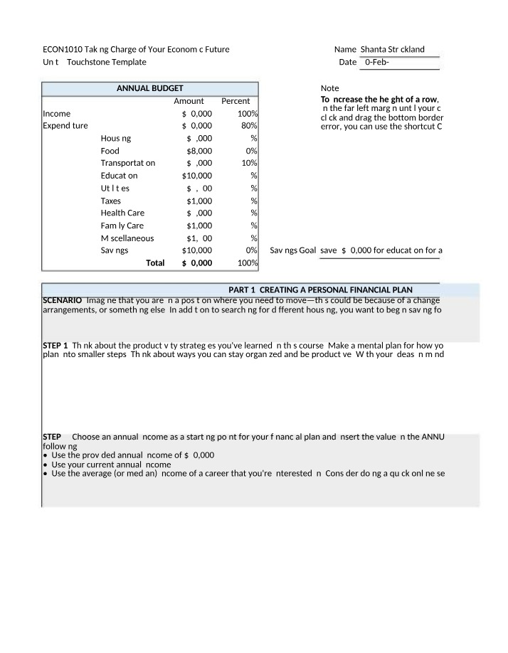 Unit 2 Touchstone 2 - Creating a Finance Plan