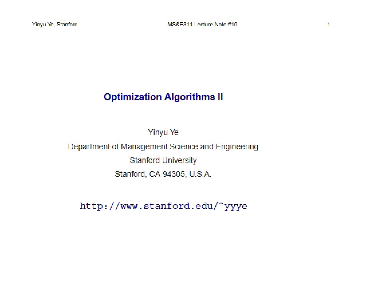 Tenth Lecture Optimization Algorithms Part Two