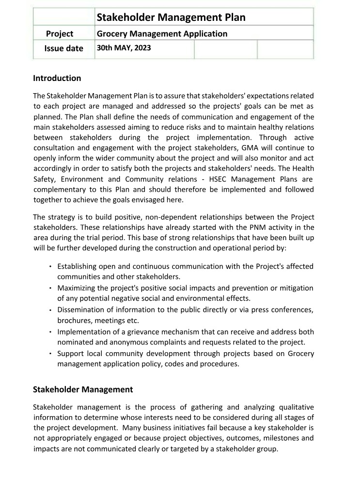 Management Plan for Stakeholders
