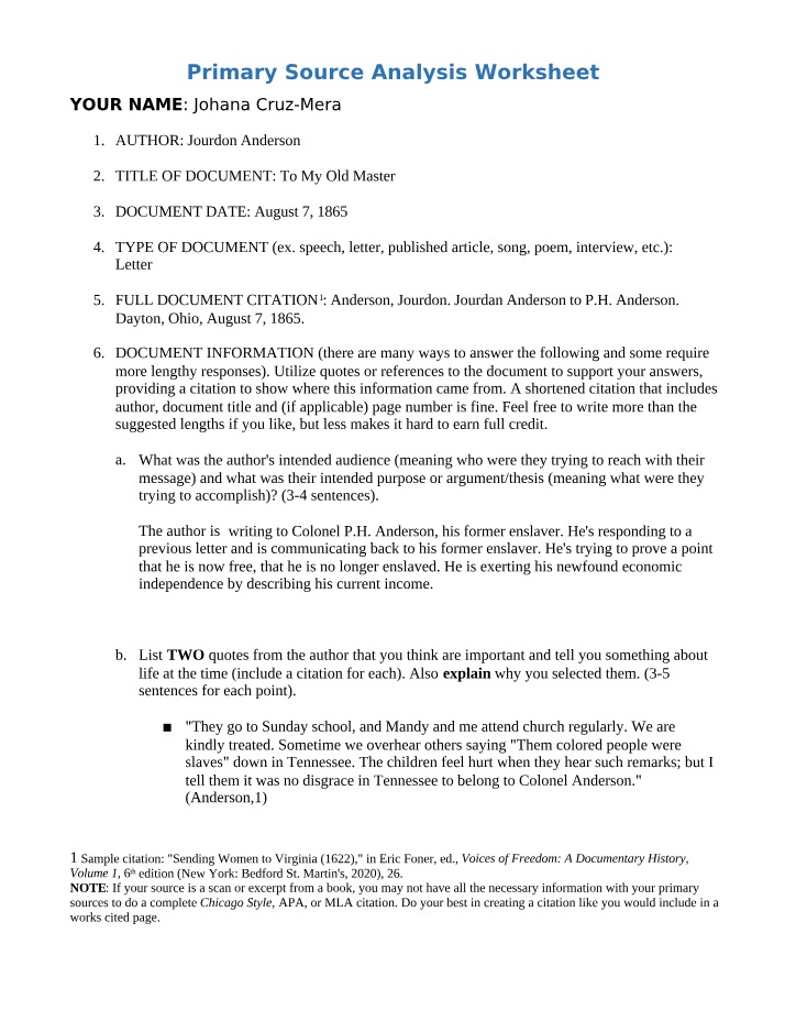 Worksheet for Primary Source Analysis