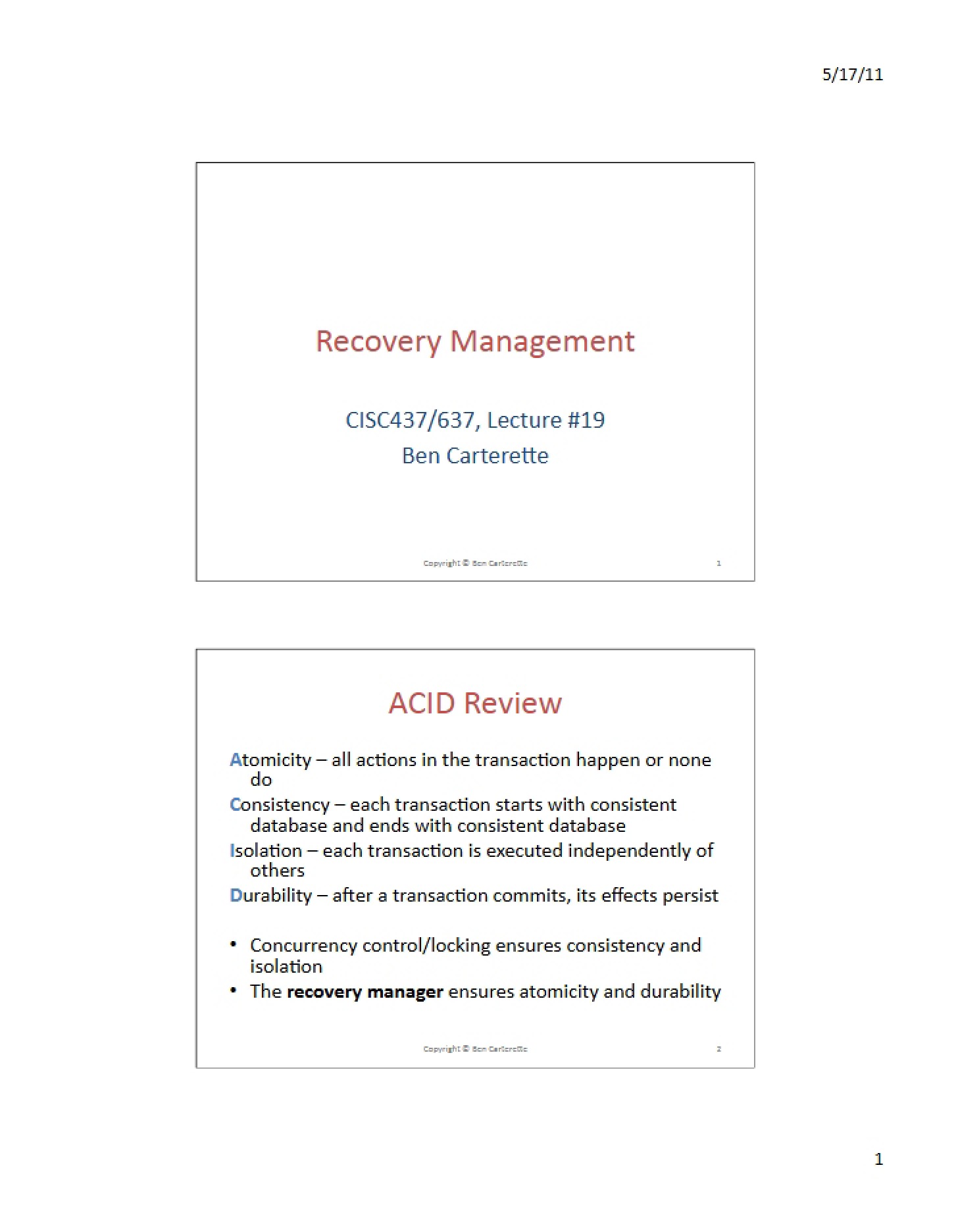 Management of Recovery