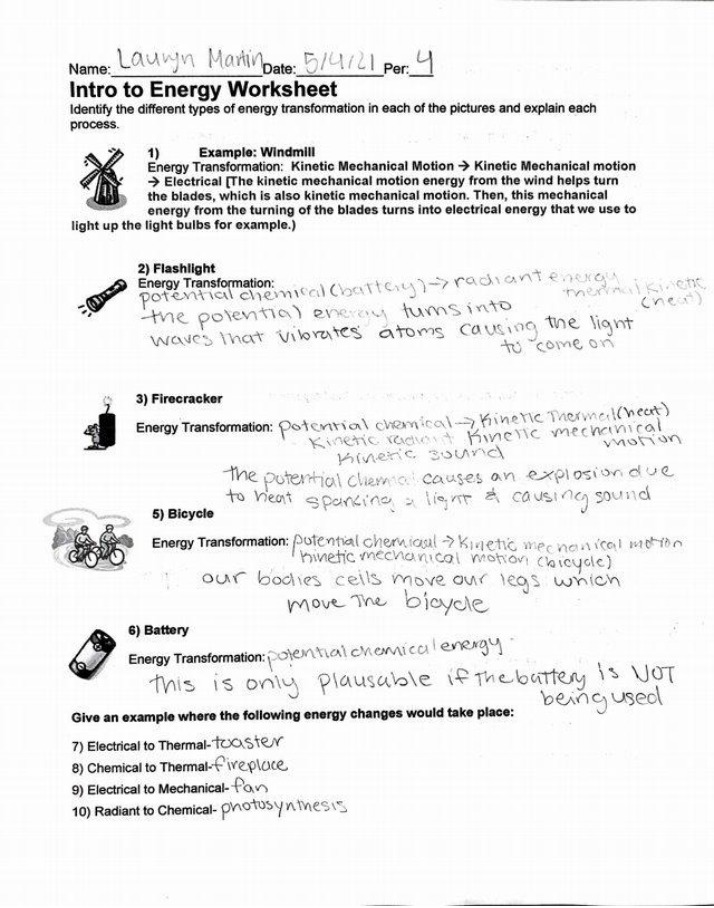 Worksheet for Intro to Energy