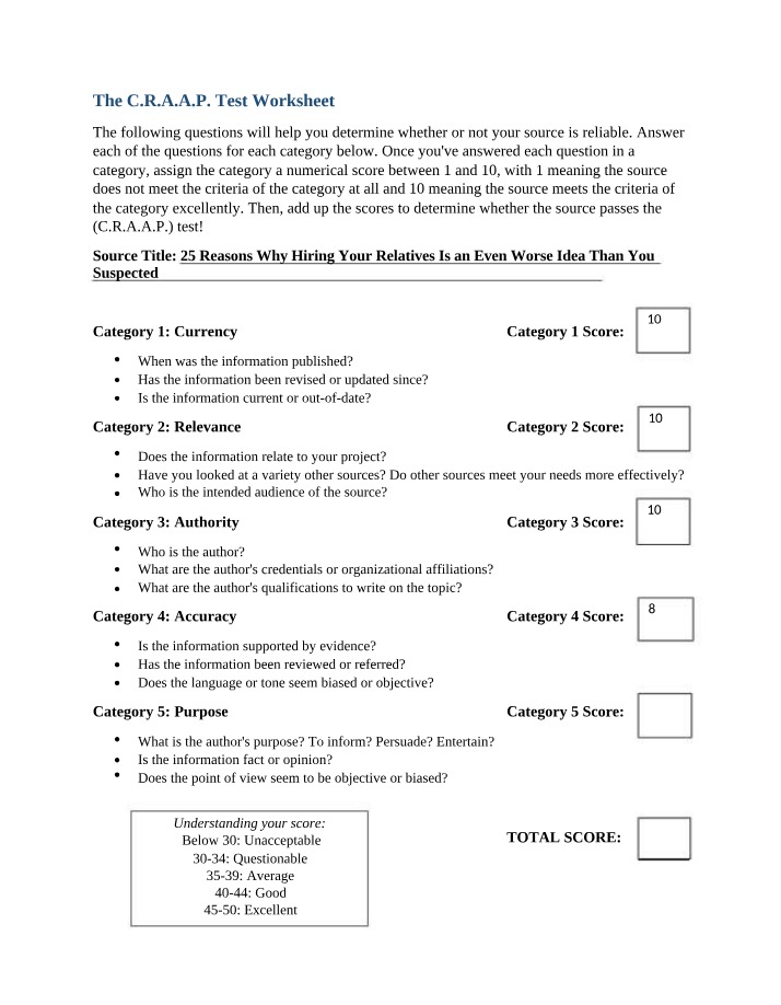Worksheet for the C.R.A.A.P. Test