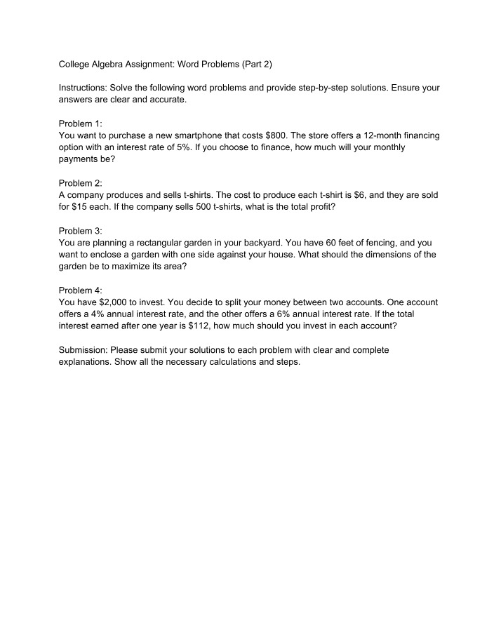 College Algebra Word Problems - Financing, Profit, and Garden