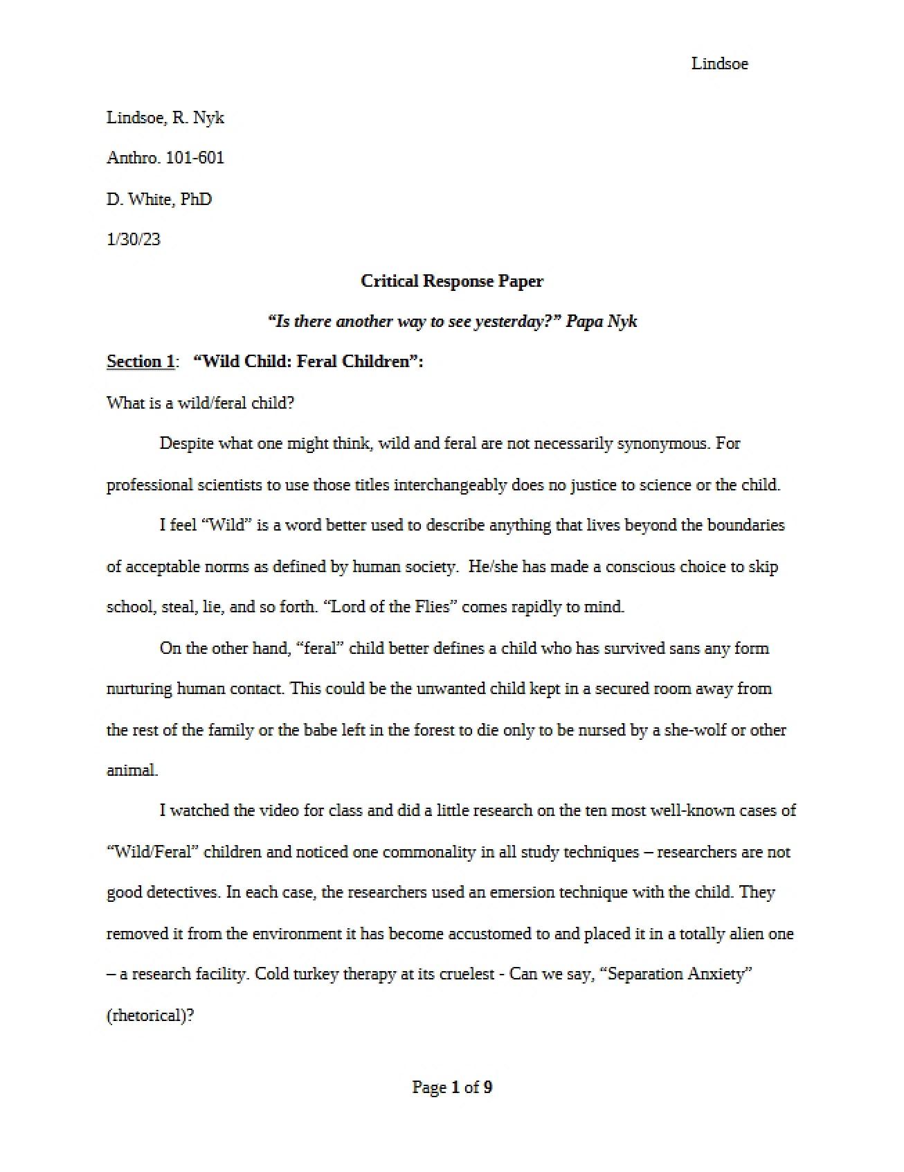 Paper on Critical Response