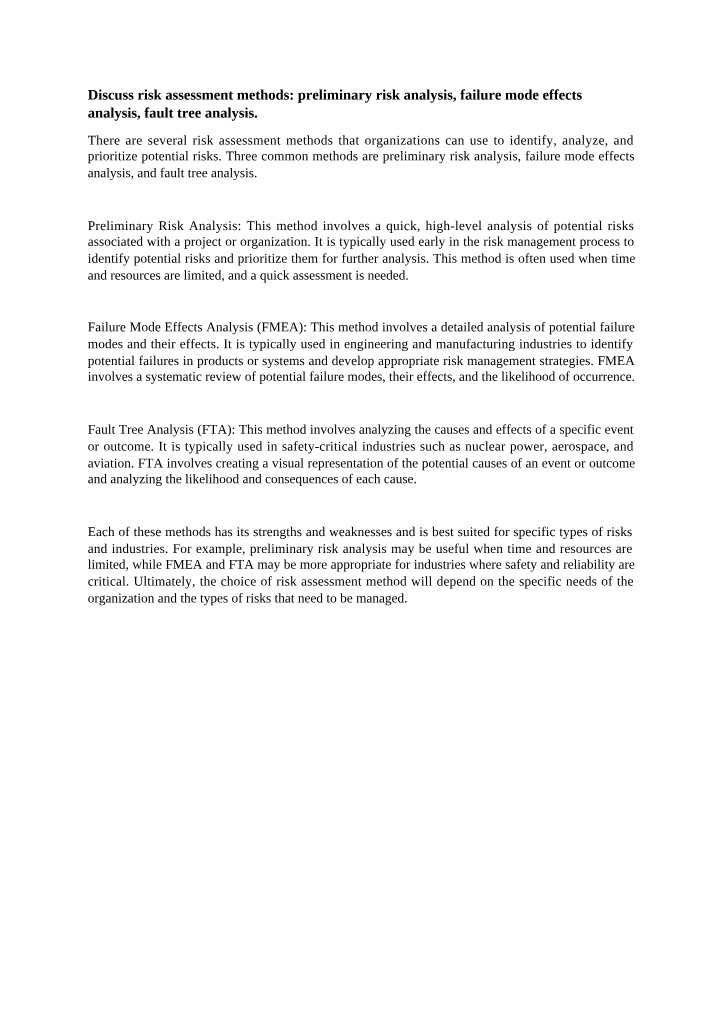 Risk Assessment Methods - Preliminary, FMEA, and FTA