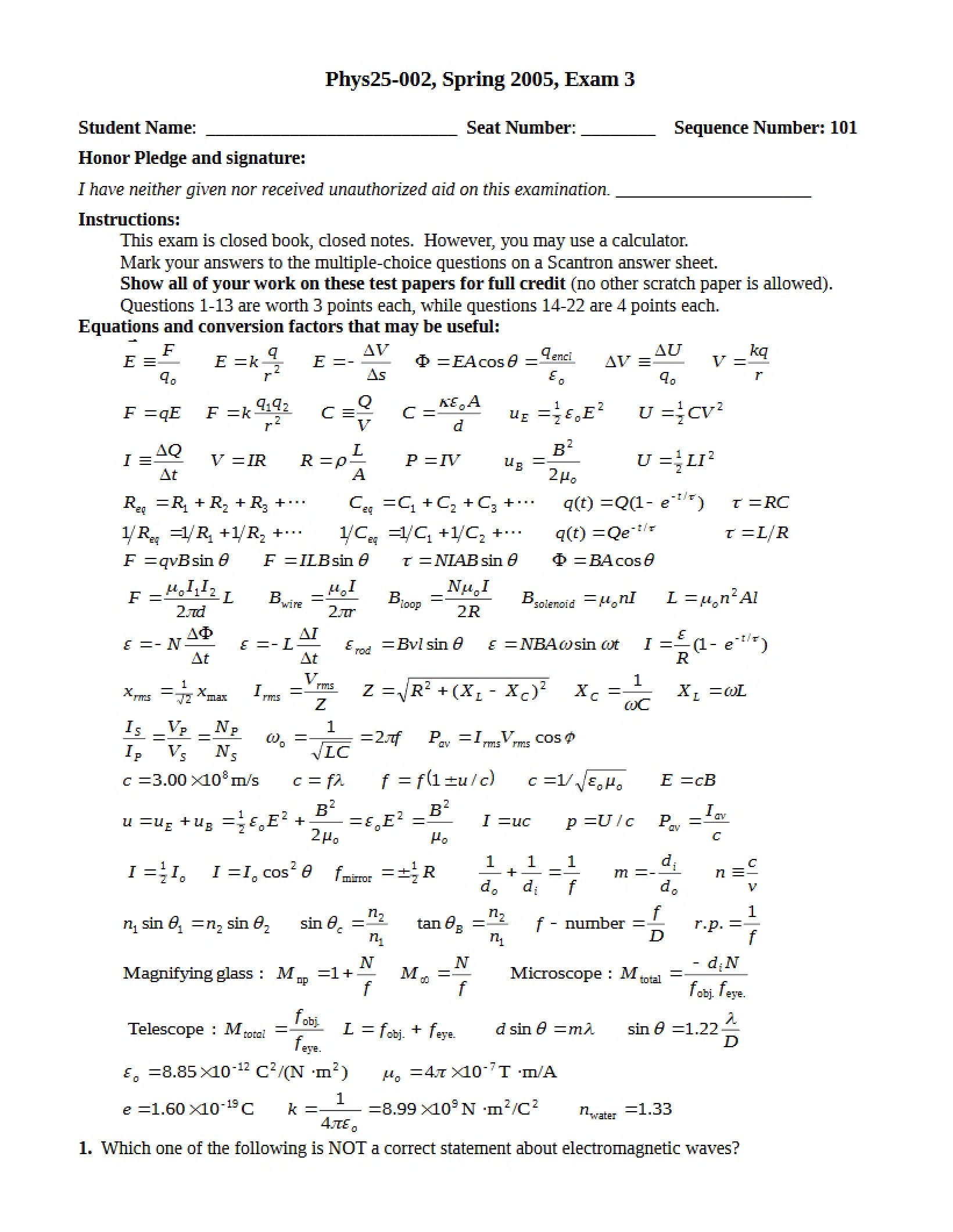 Third Exam for PHYS 25