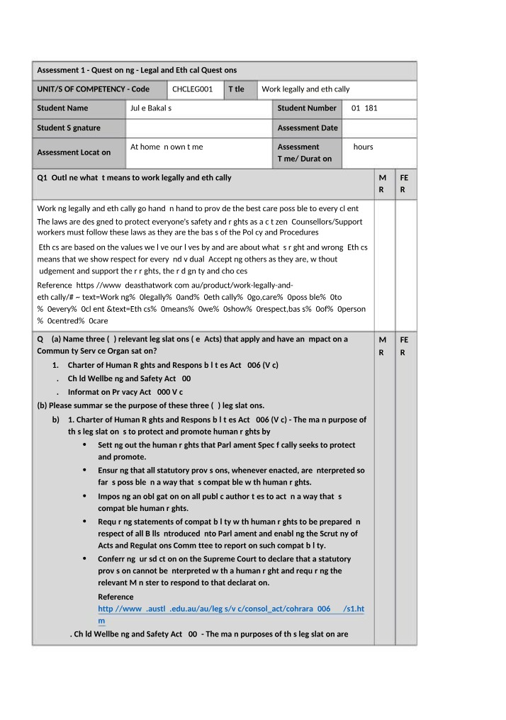 Assessment 1 - Legal and Ethical Questioning