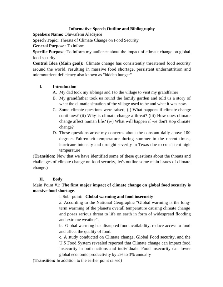 Informative Speech Outline and Bibliography - Oluwafemi Aladejebi