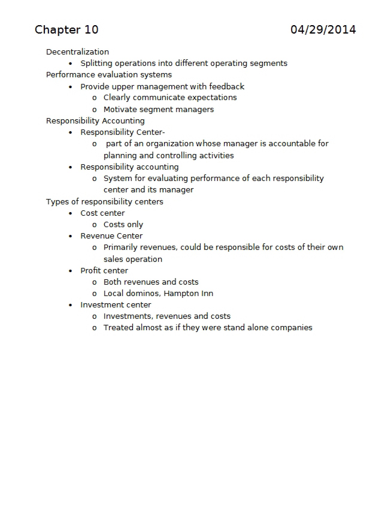 Managerial Accounting Chapter Ten