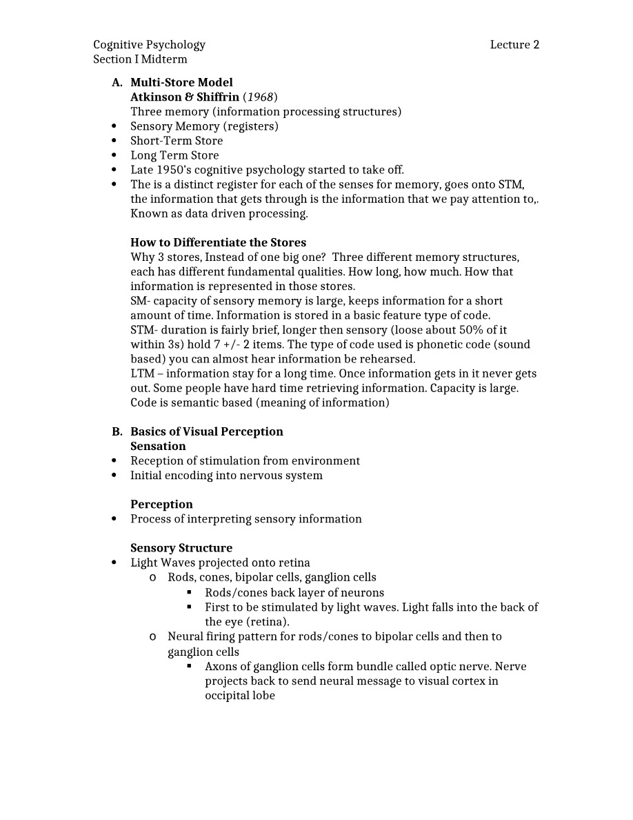 Lecture 2 Section I Midterm for Cognitive Psychology
