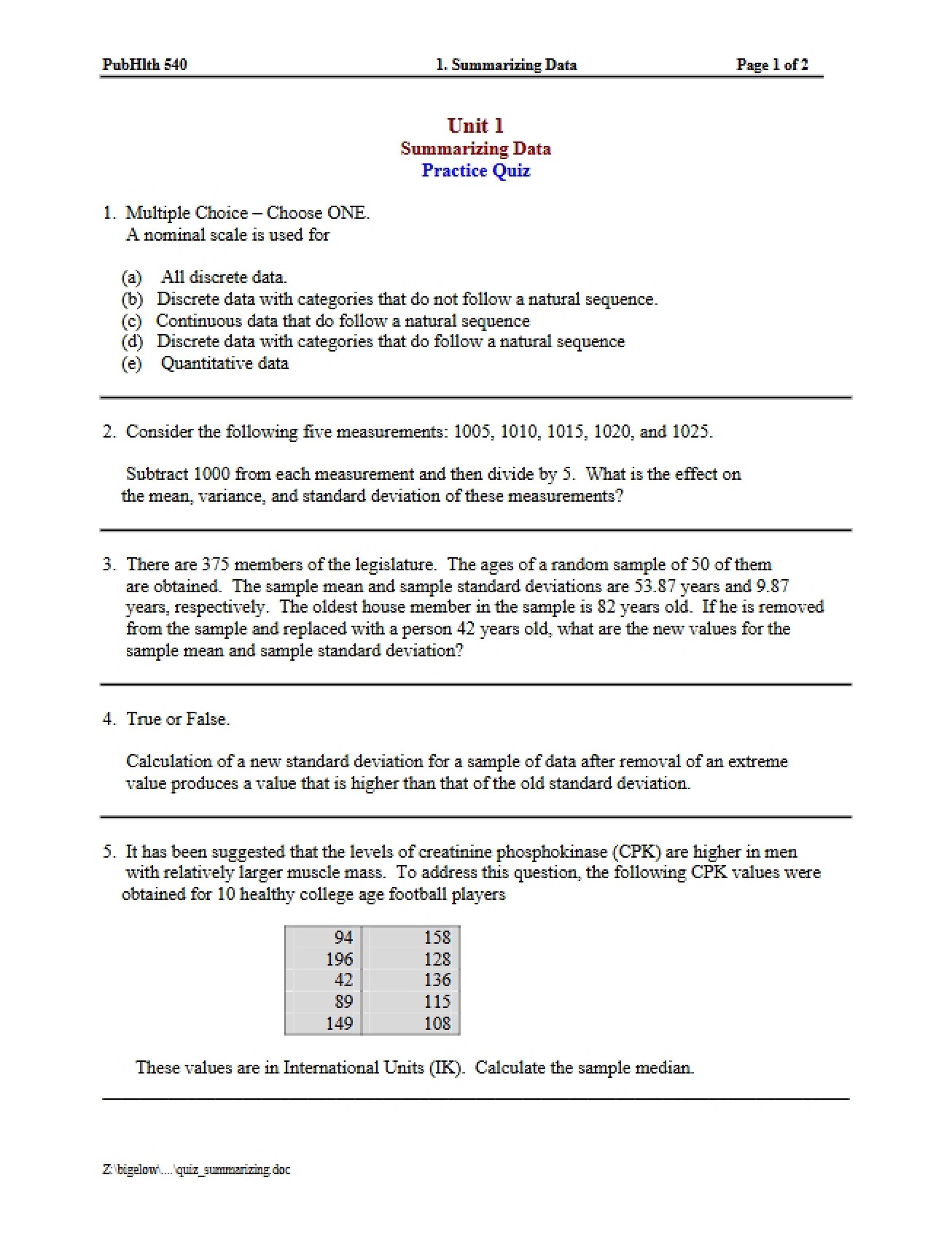 Practice Quiz on Data Summarization