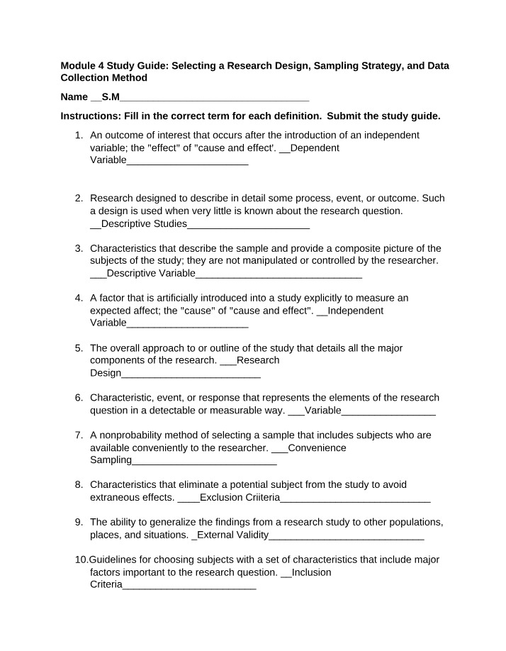 Module 4 Study Guide - Data Collection Method, Sampling Strategy, and Selecting a Research Design