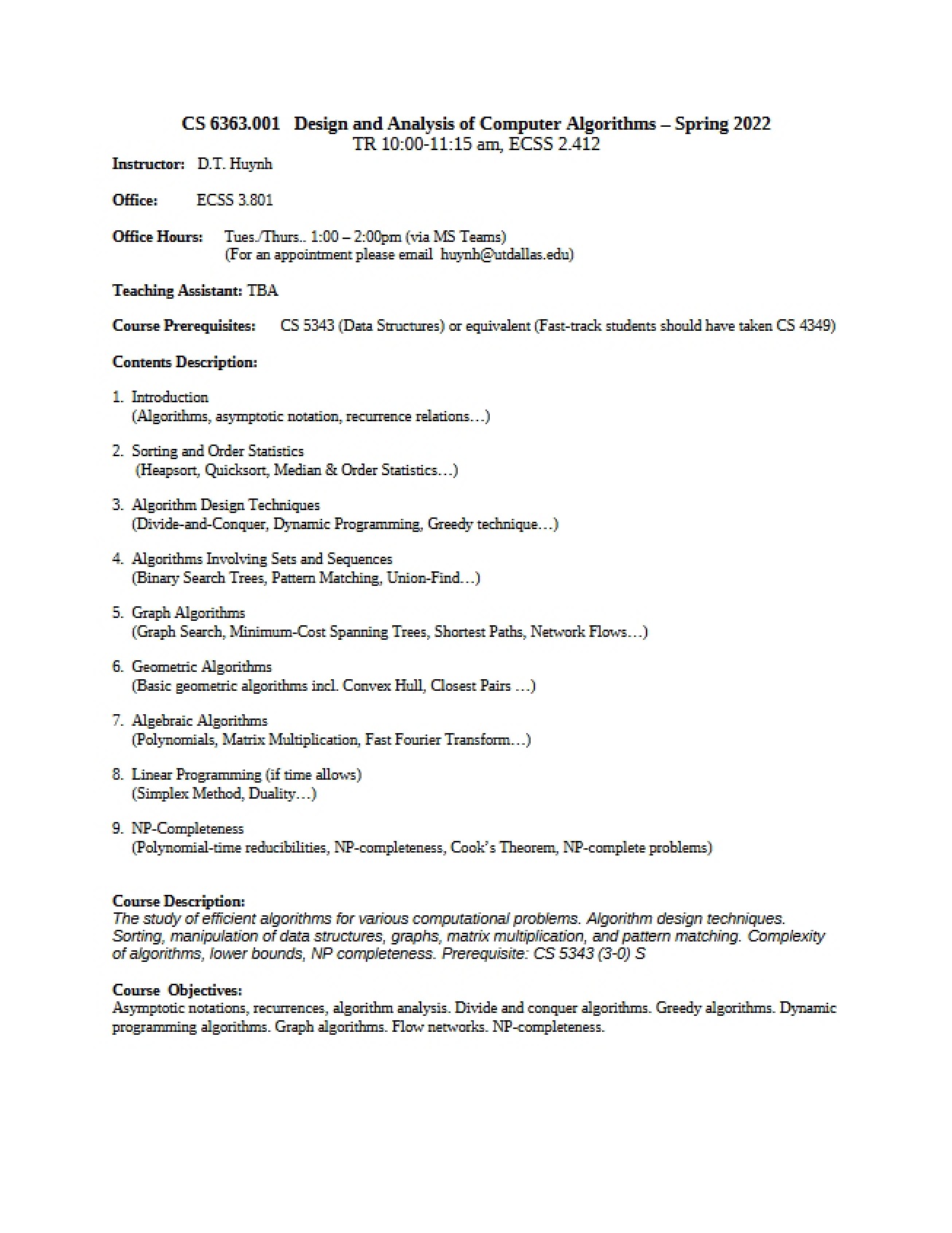 Syllabus for Algorithm Design and Analysis