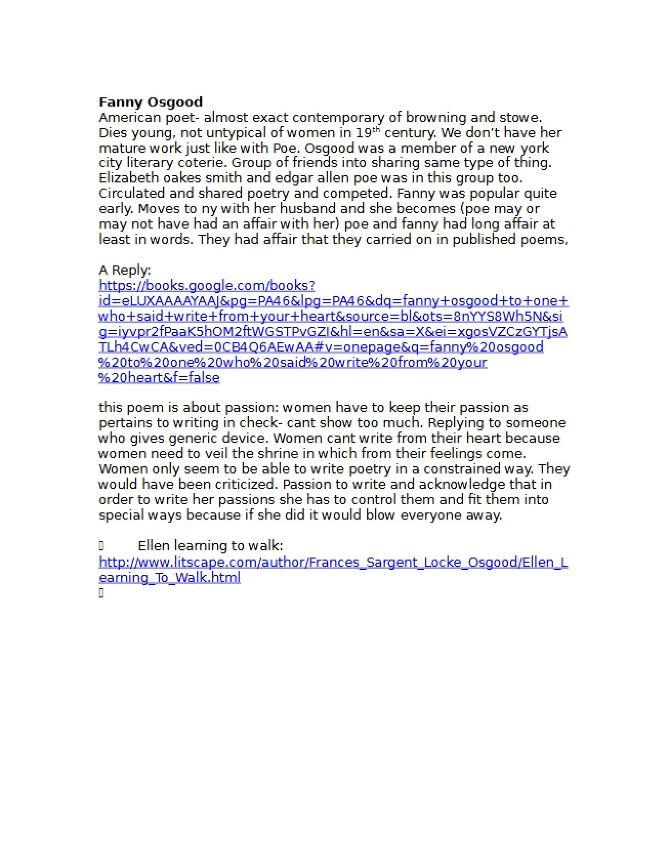 Passion Class Notes Fanny Osgood - 2 Pages