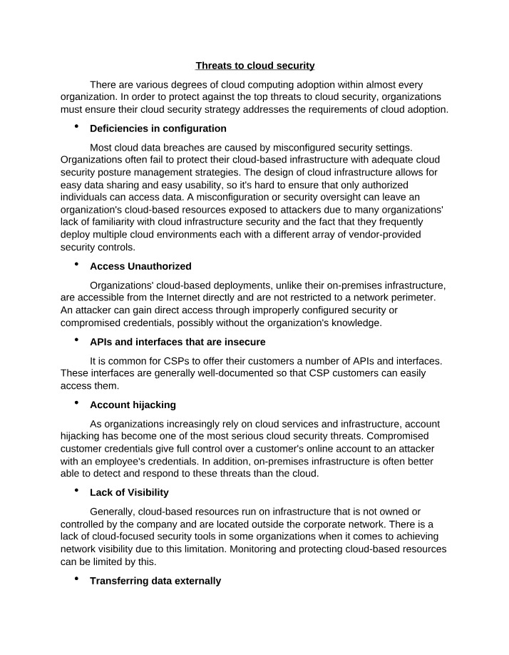 Cloud Security Threats - Unauthorized Access and Deficiencies