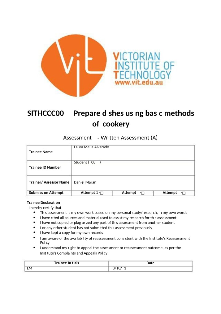 Solved Written Assessment - SITHCCC005