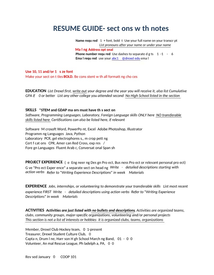Resume Guide - Sections and Notes