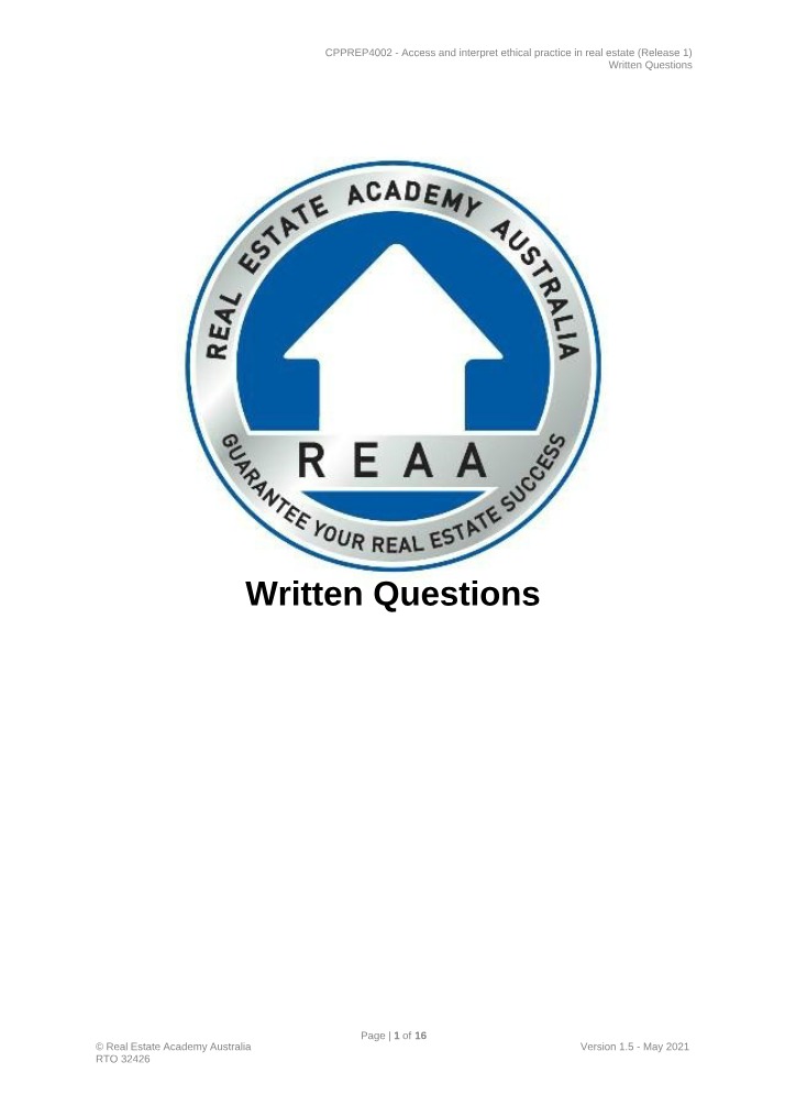 Written Questions for CPPREP4002 (v1)