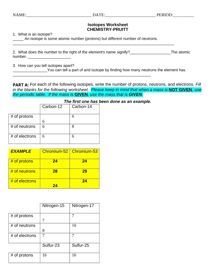 Worksheet on Isotopes