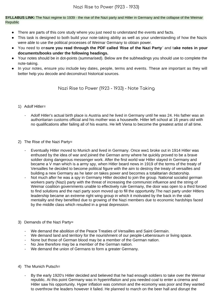 The Nazi Rise to Power 1923-1933 Notes