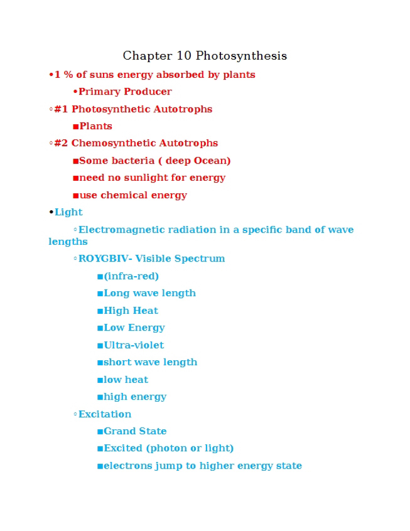 Photosynthesis Chapter Ten