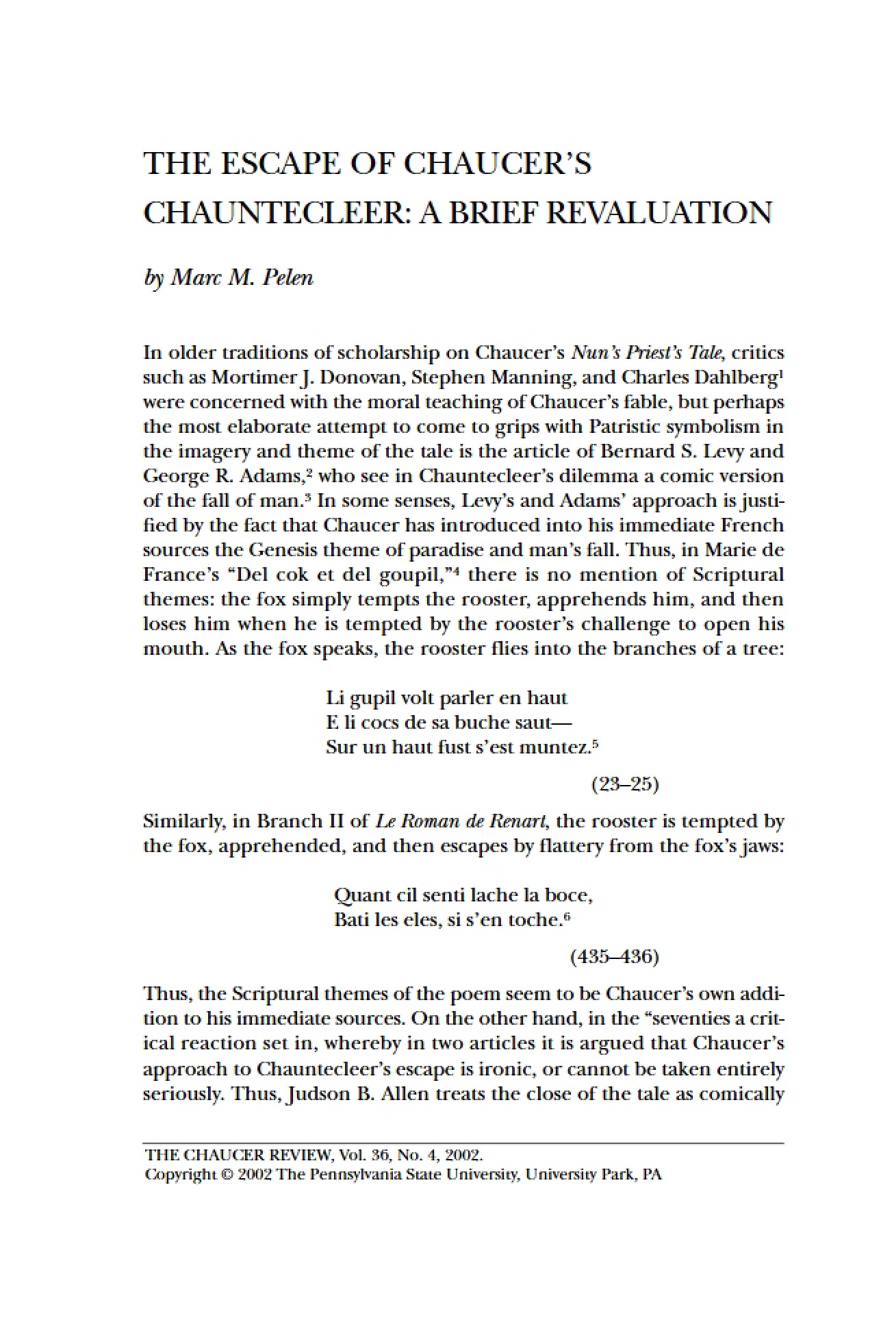Chauntecleer's Escape in Chaucer