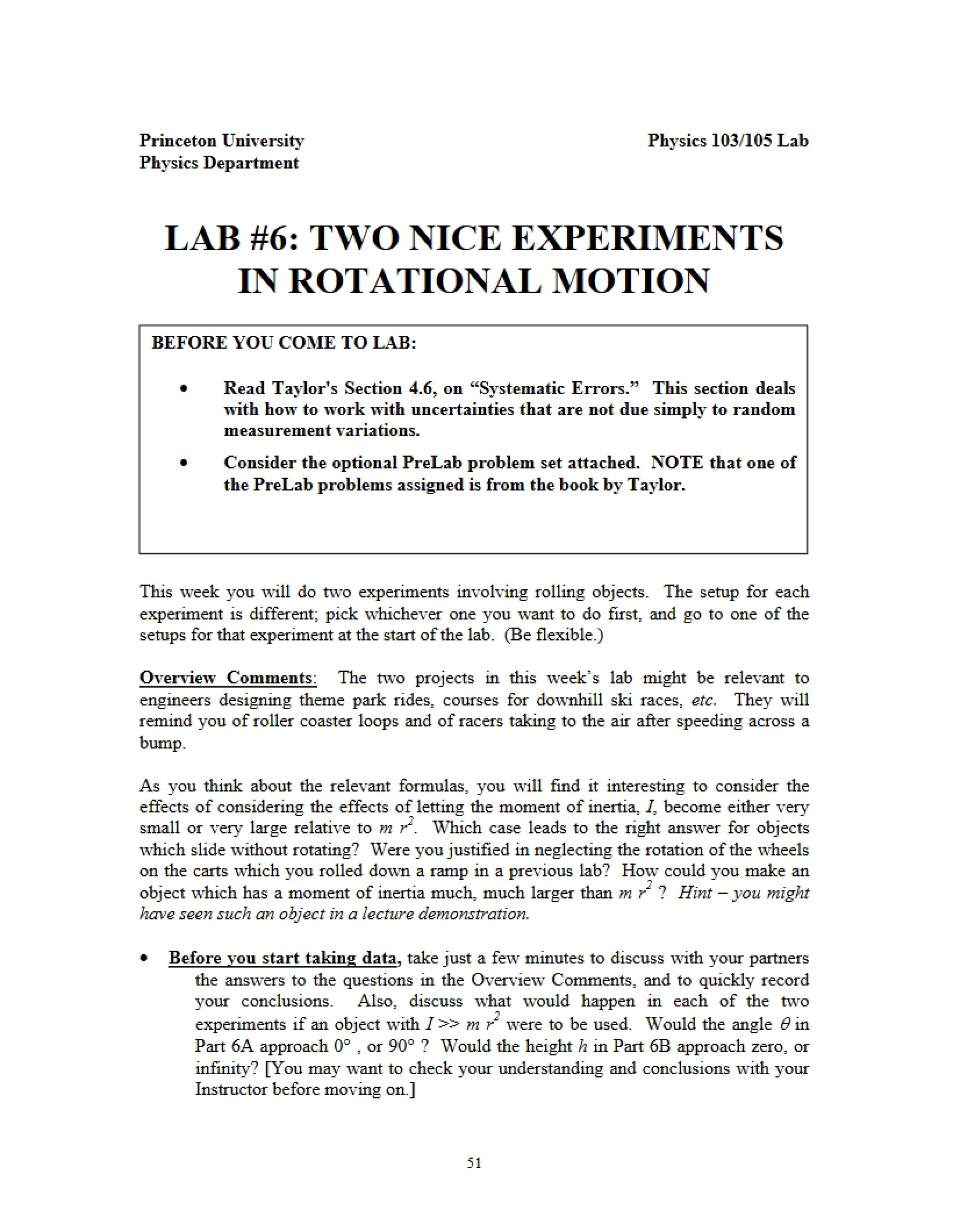 Rotational Motion Two Experiments
