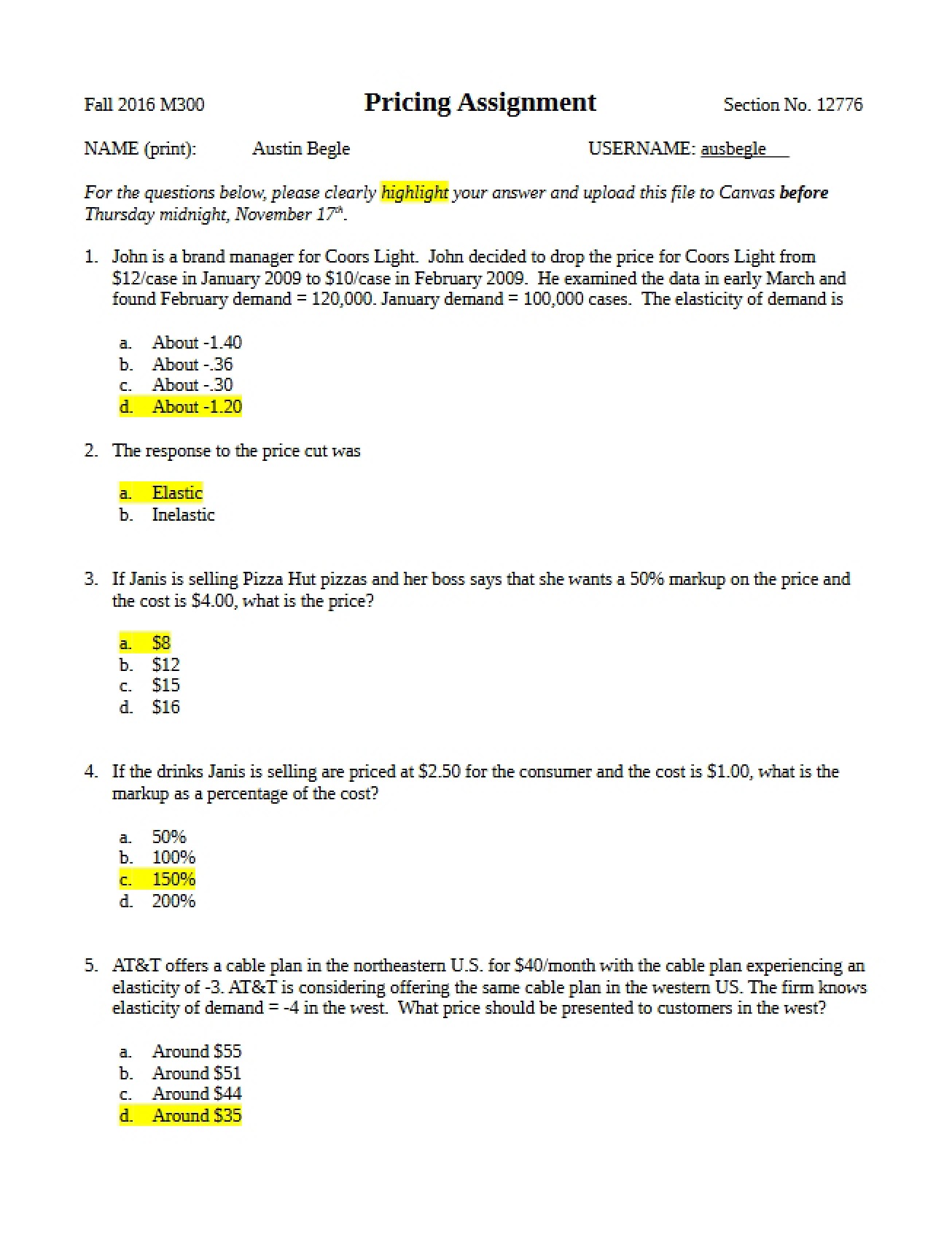 Assignment on Pricing