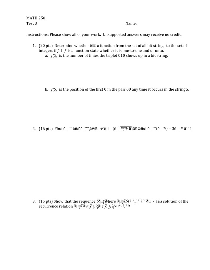 Math 250 Test 3 - Functions, Matrices, and Recurrence Relations