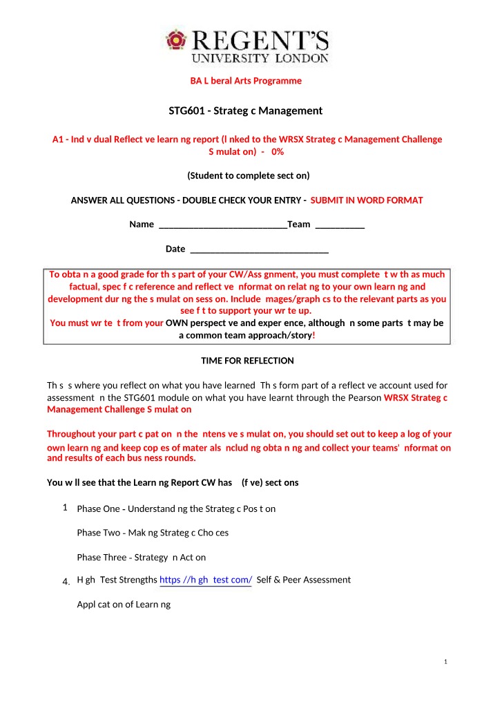 WRSX Strategic Management - Reflective Learning Report