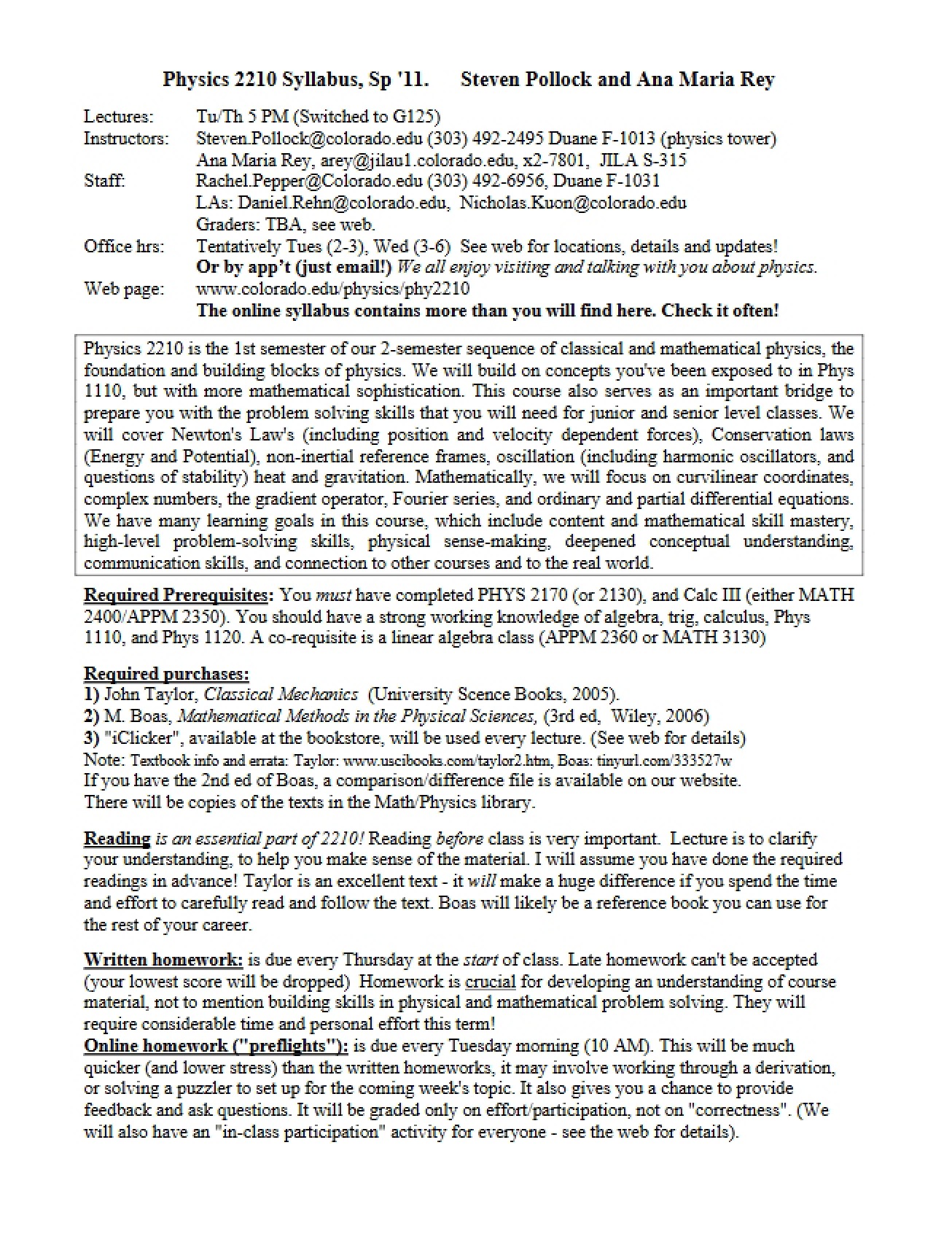 Syllabus for Classical Mechanics and Mathematical Methods 1