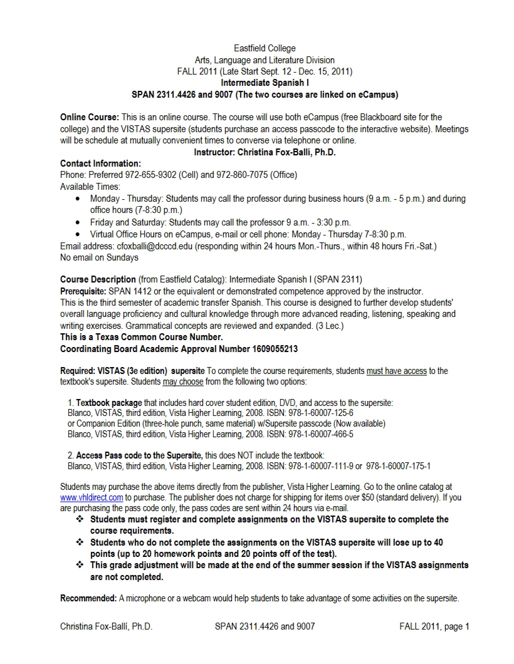 Intermediate Spanish I Syllabus