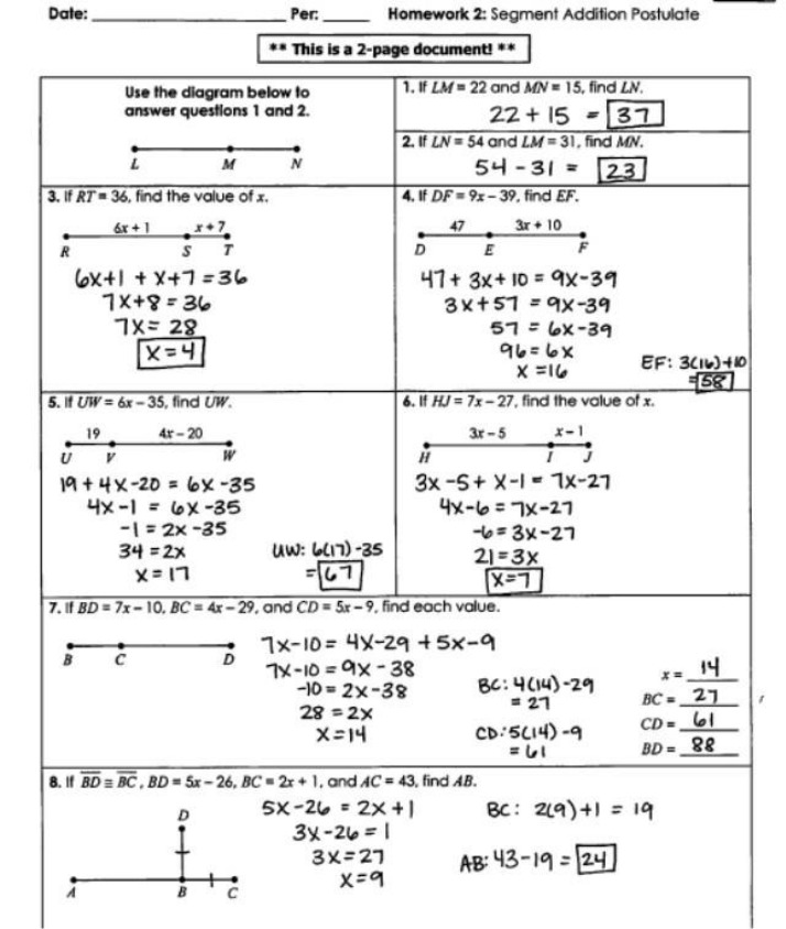 Homework 2 on the Segment Addition Postulate
