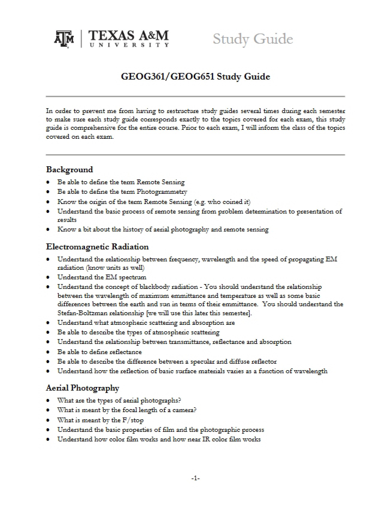 Complete Study Guide for Remote Sensing of Geographic Analysis