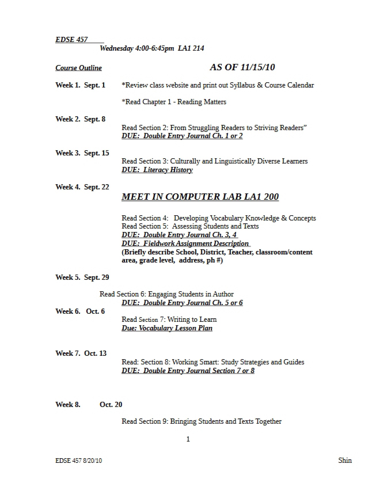 Fall 2010 Course Outline