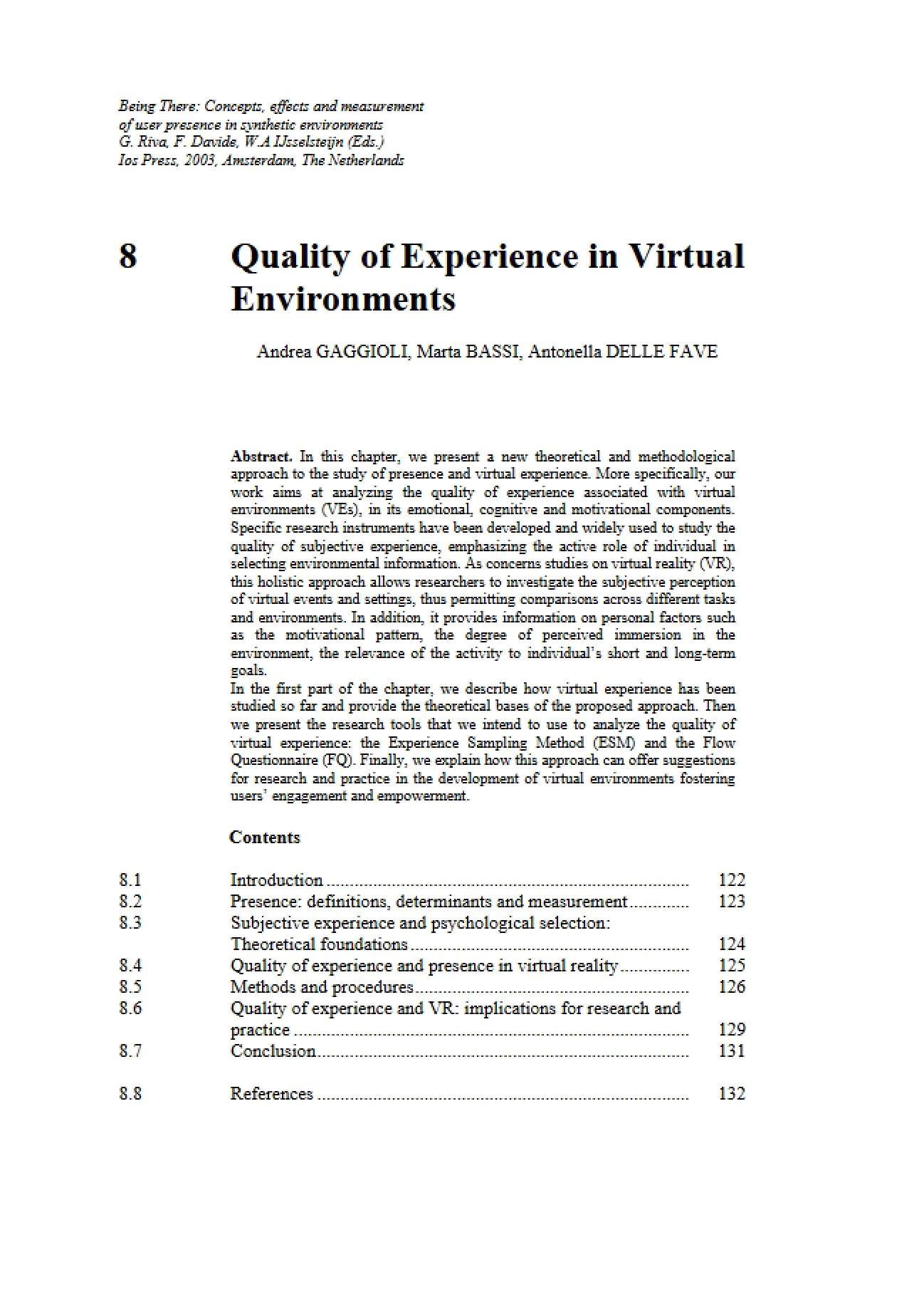 Virtual Environments and Experience Quality