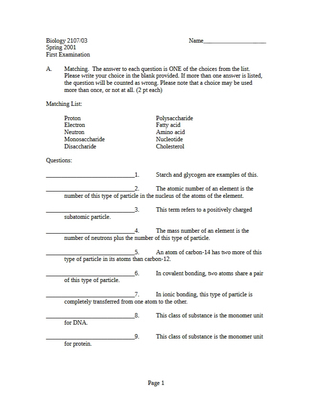 First Examination for Biological Principles I
