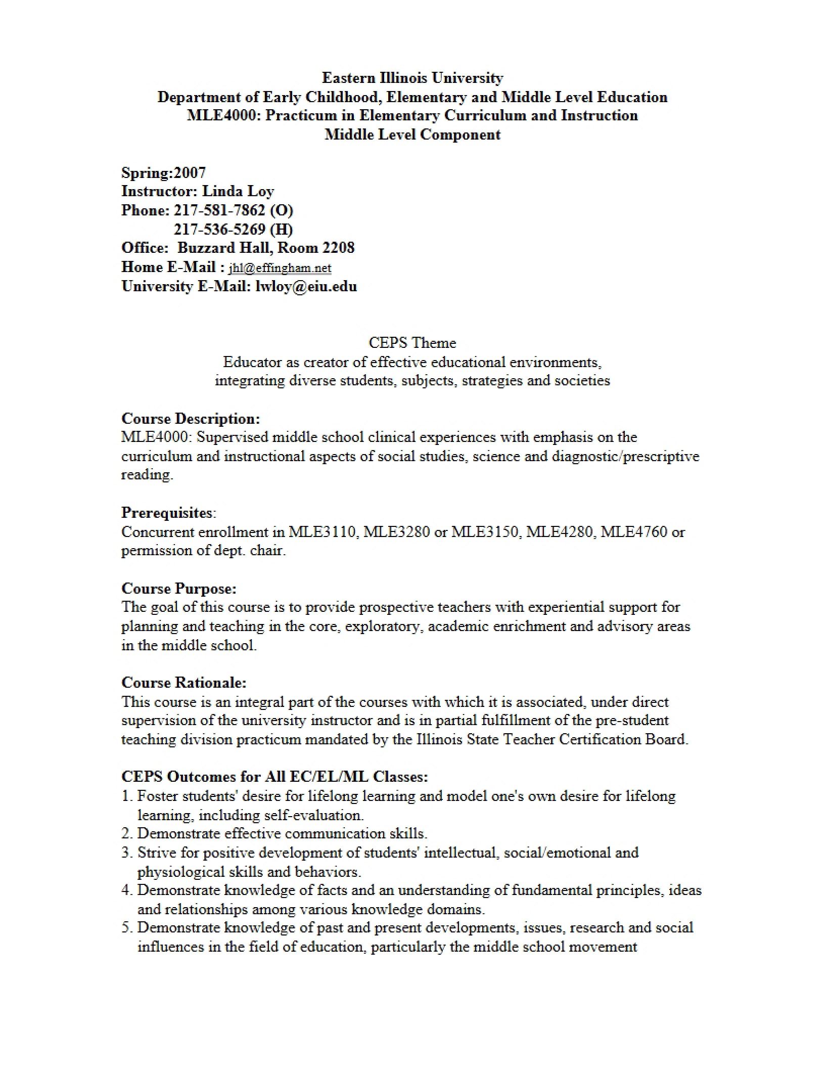 Middle School Practicum Syllabus - 4 Pages