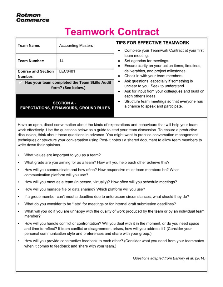 Skills Audit and Teamwork Contract