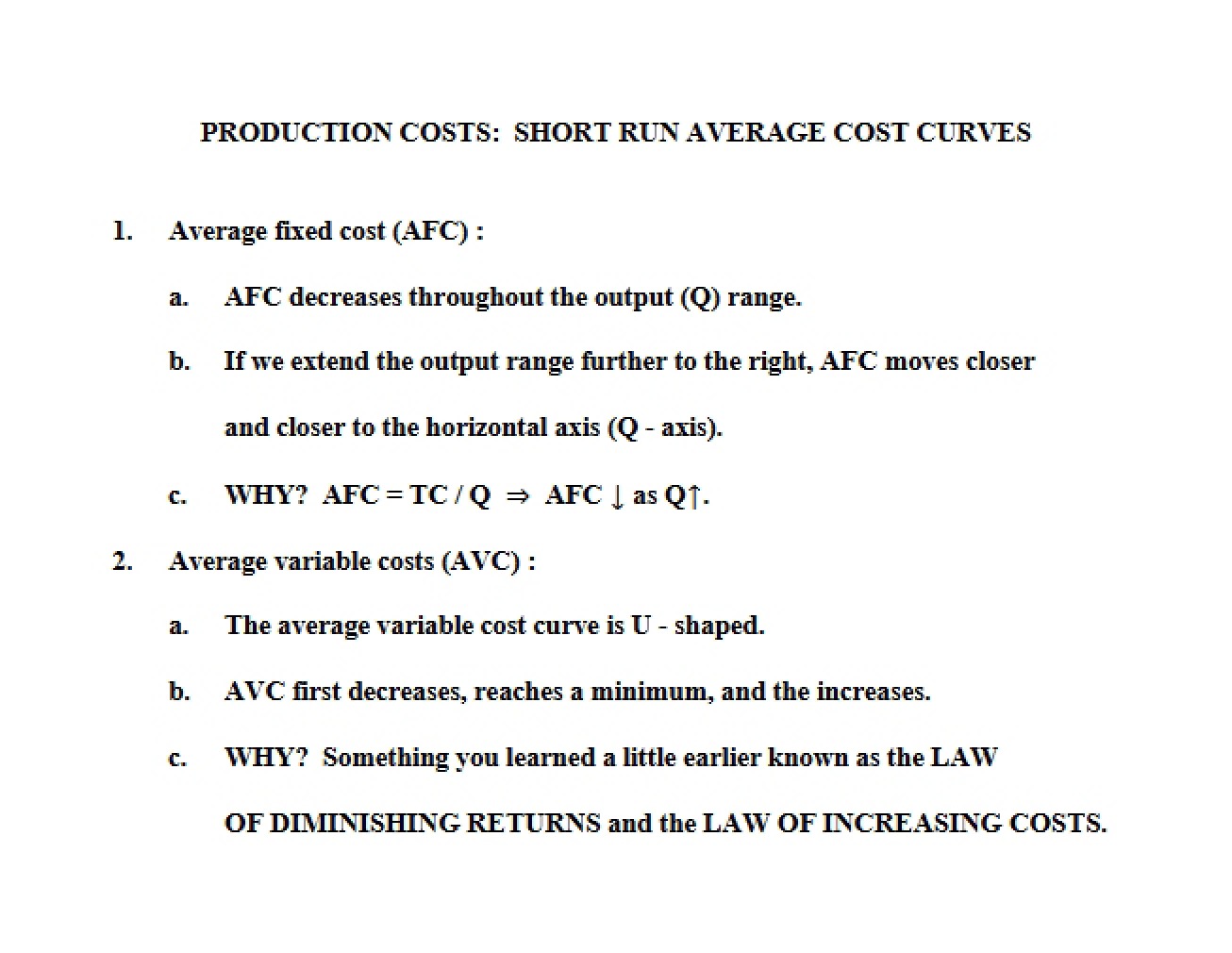 Average Cost Curves in the Short Run